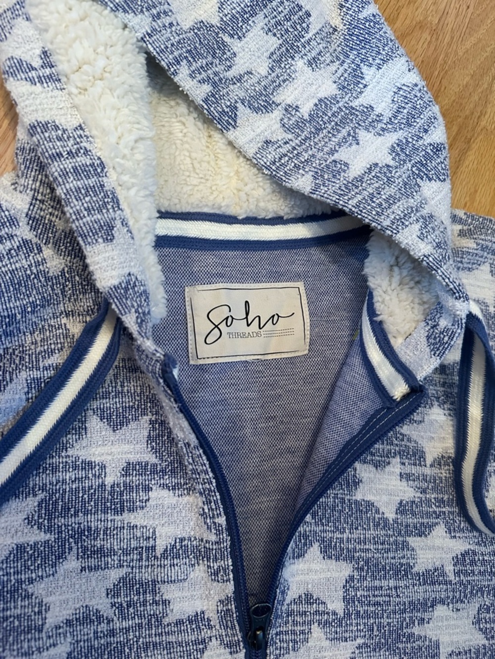 Soho Threads Blue and White Star Zip-Up Sherpa Hoodie